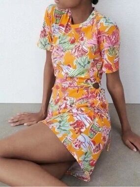 Zara Tropical Print Cut-Out Hawaiian Hula Shirt Dress Womens Size medium